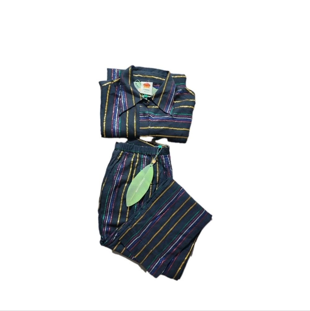 FARM Rio Metallic Stripe Co Ord Set Wide Leg Pants Shirt Resort NWT L - Picture 2 of 12